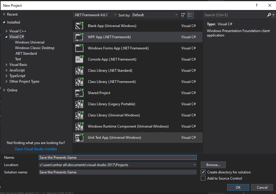 mooict wpf c# save the presents game - project selection window