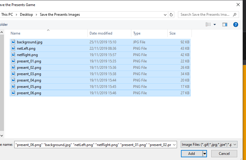 mooict wpf c# save the presents game - highlight all files and click on add to import them to visual studio project