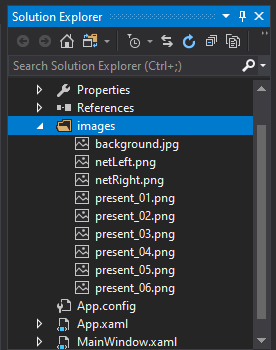 mooict wpf c# save the presents game - screen shot of images imported in the images folder in visual studio
