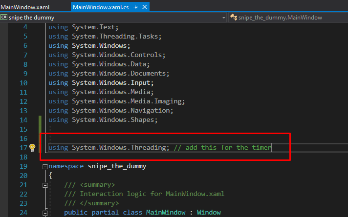mooict wpf c# snipe the dummy game - adding threading namespace