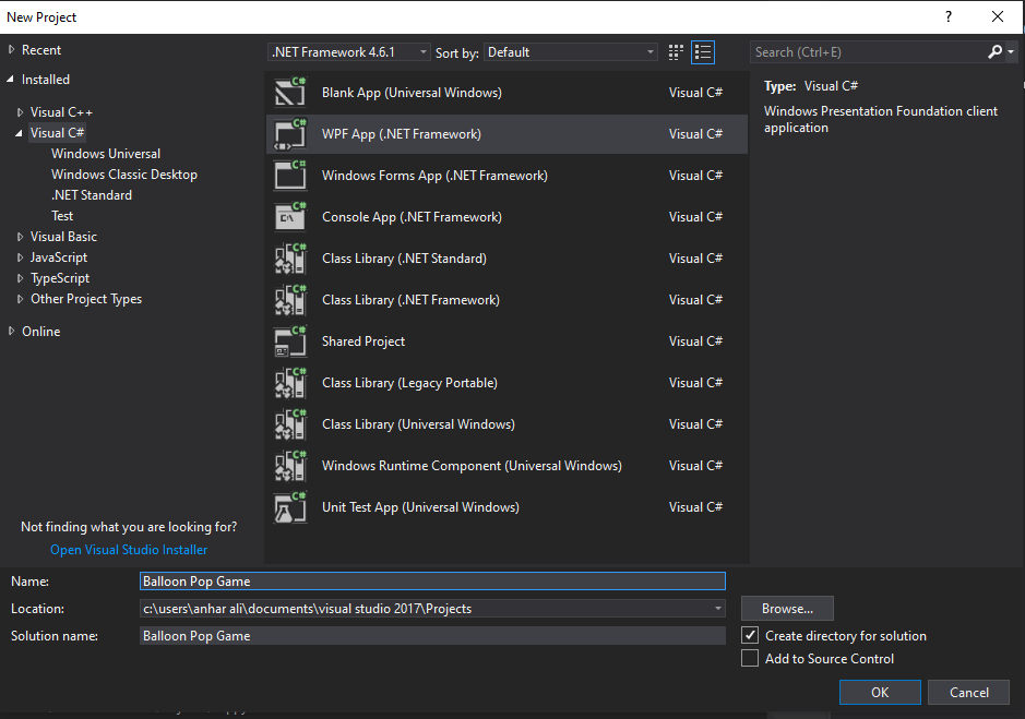 mooict wpf tutorial - open a new project for the balloon popping game in visual studio