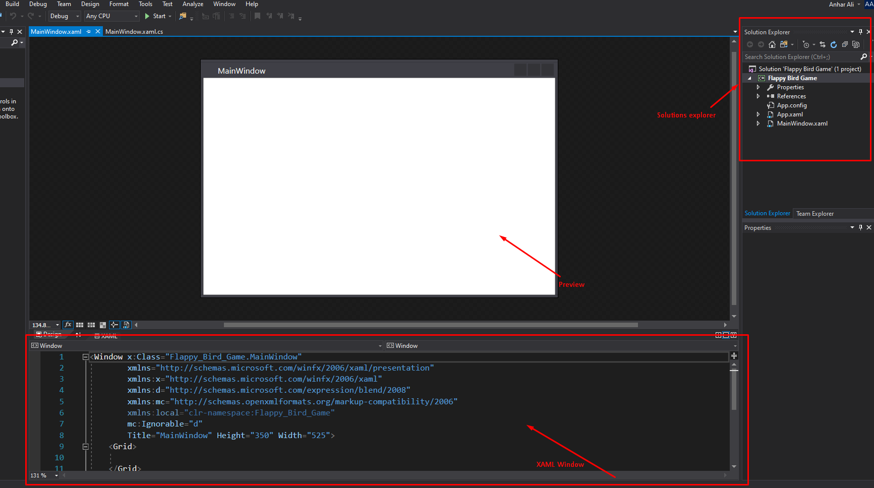 mooict flappy bird wpf c# tutorial - visual studio window layout