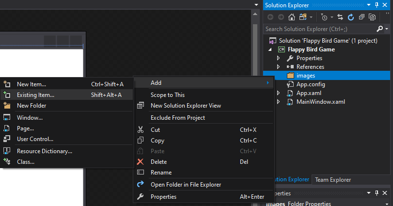 mooict flappy bird wpf c# tutorial - add existing items to the new images folder created