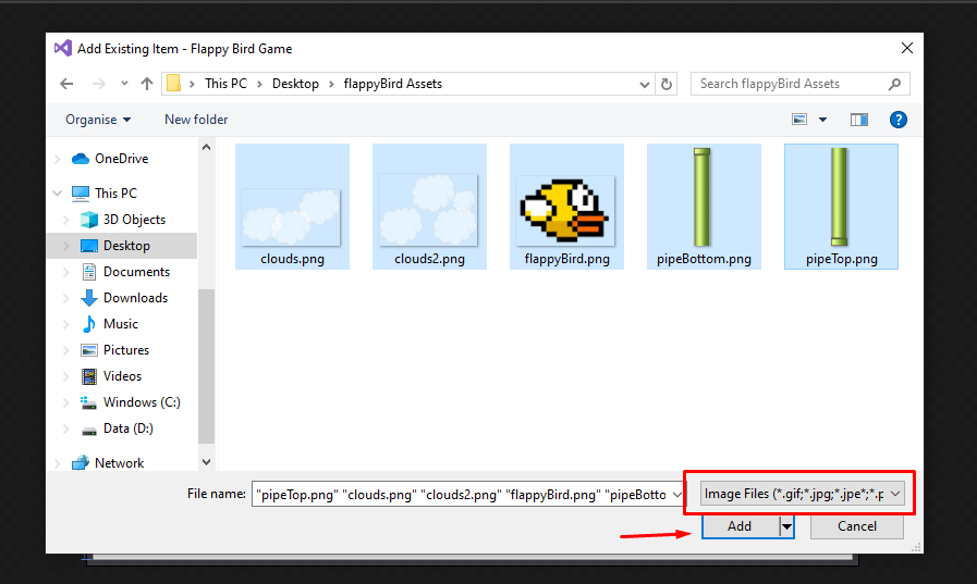 mooict flappy bird wpf c# tutorial - import the game assets