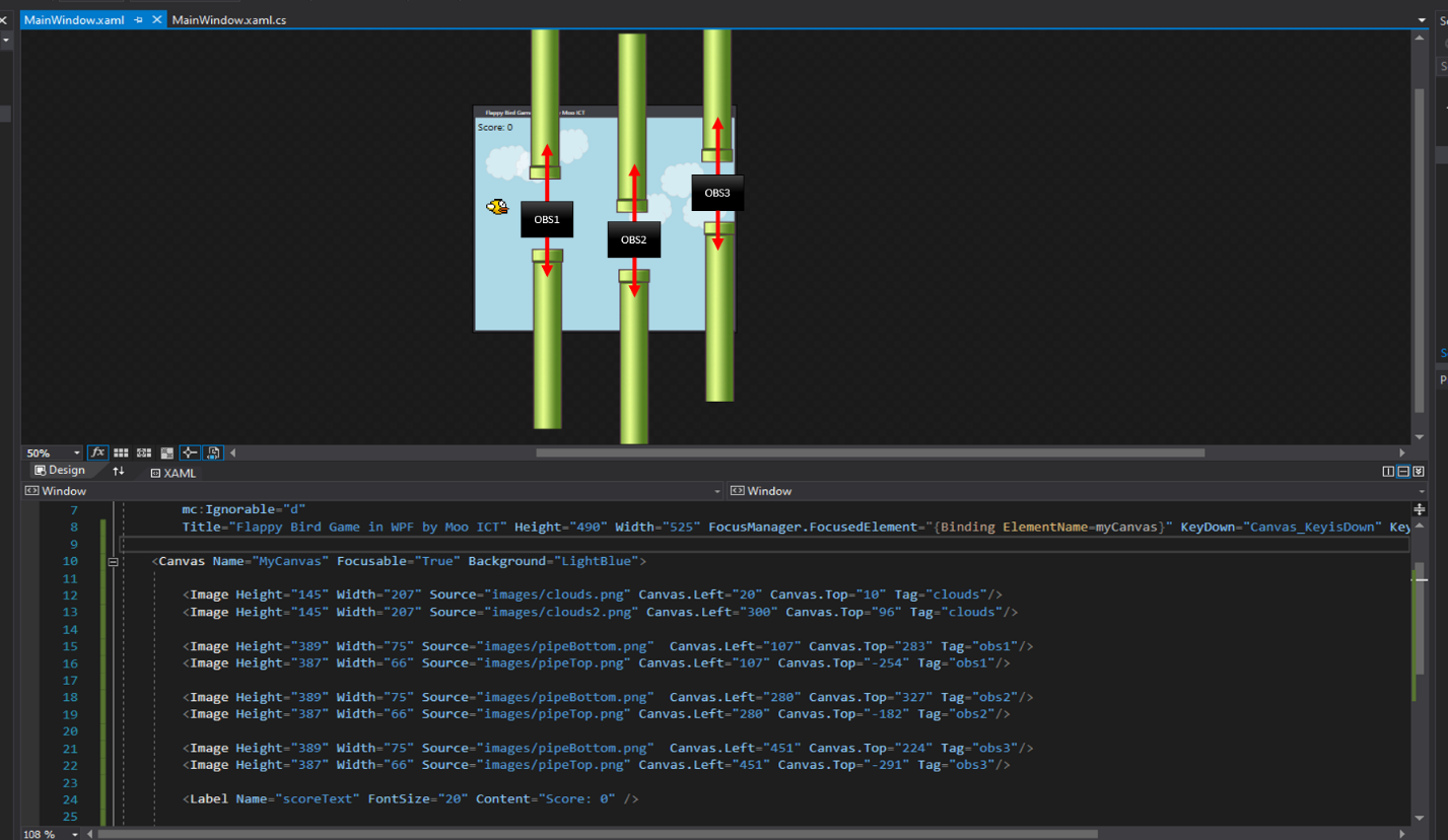 mooict flappy bird c# wpf tutorial - game assets included with the visual studio project