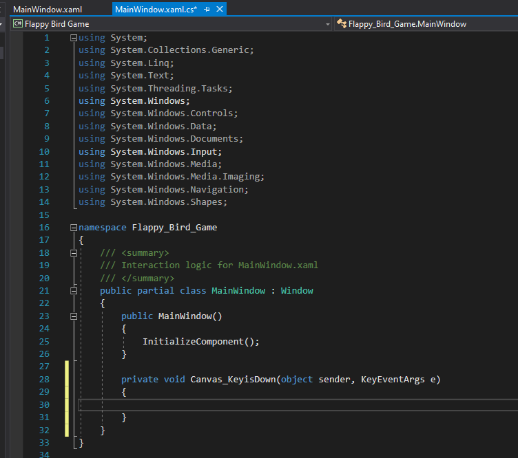 mooict flappy bird c# wpf tutorial - keydown event is now added