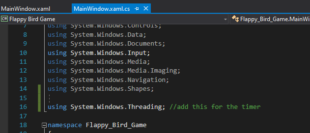 mooict flappy bird c# wpf tutorial - add threading name space to c# script