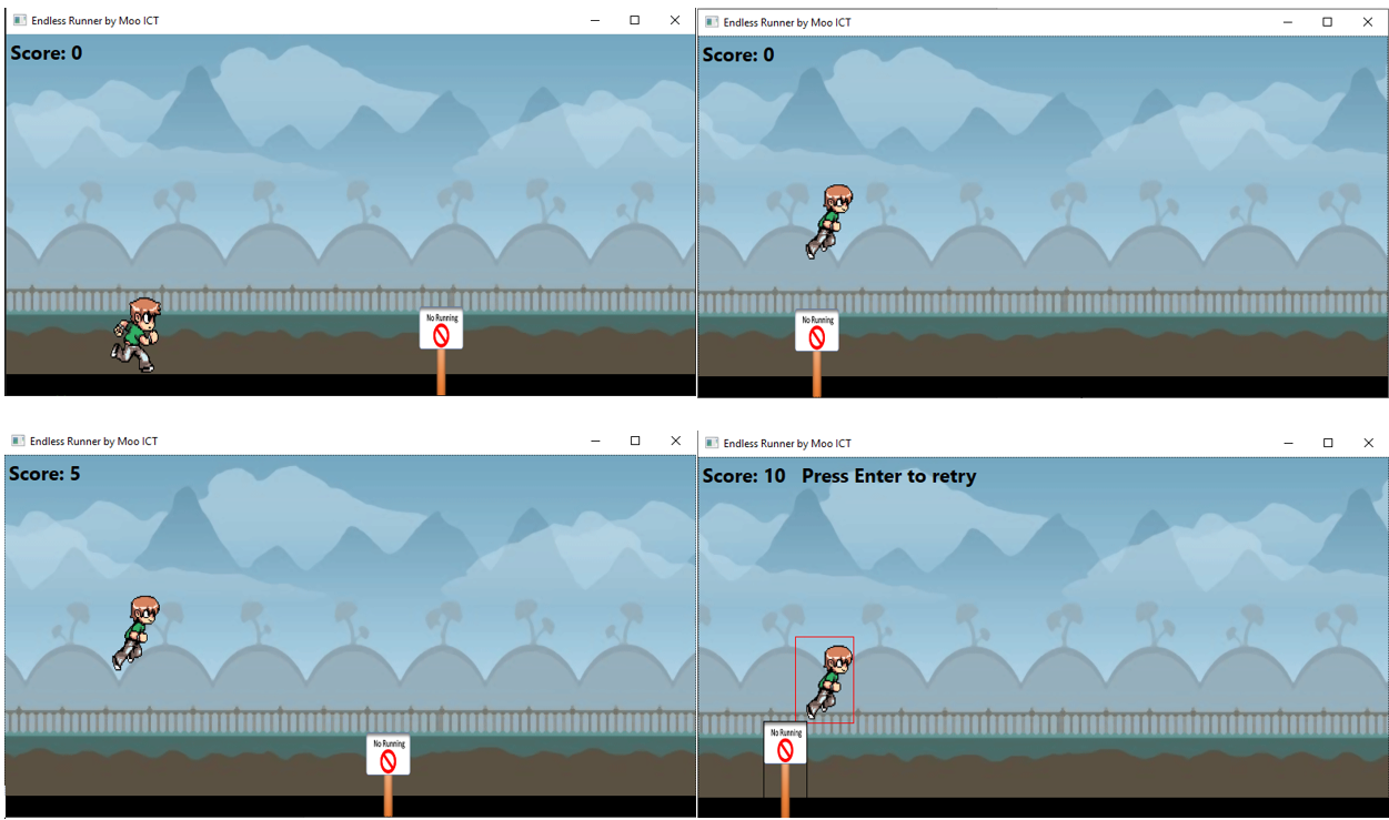 wpf c# endless runner tutorial the final game screen shots of jumping, scoring, parallax scrolling, obstacles and end screen