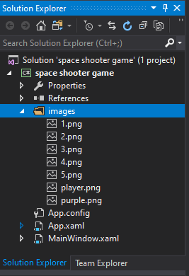 c# wpf space shooter tutorial images added to the images folder in the solutions explorer